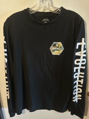 Urban Heritage Black Long Sleeve Tee with Yellow Badge and White Sleeve Script